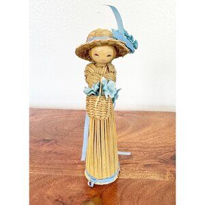 Vintage Korean Straw Doll With Wood Base RARE Folk Art